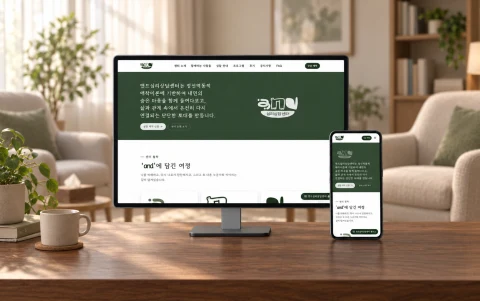 앤드심리상담센터 공개 웹사이트 화면과 업종별 가상 배경을 AI로 연출한 데스크톱·모바일 목업