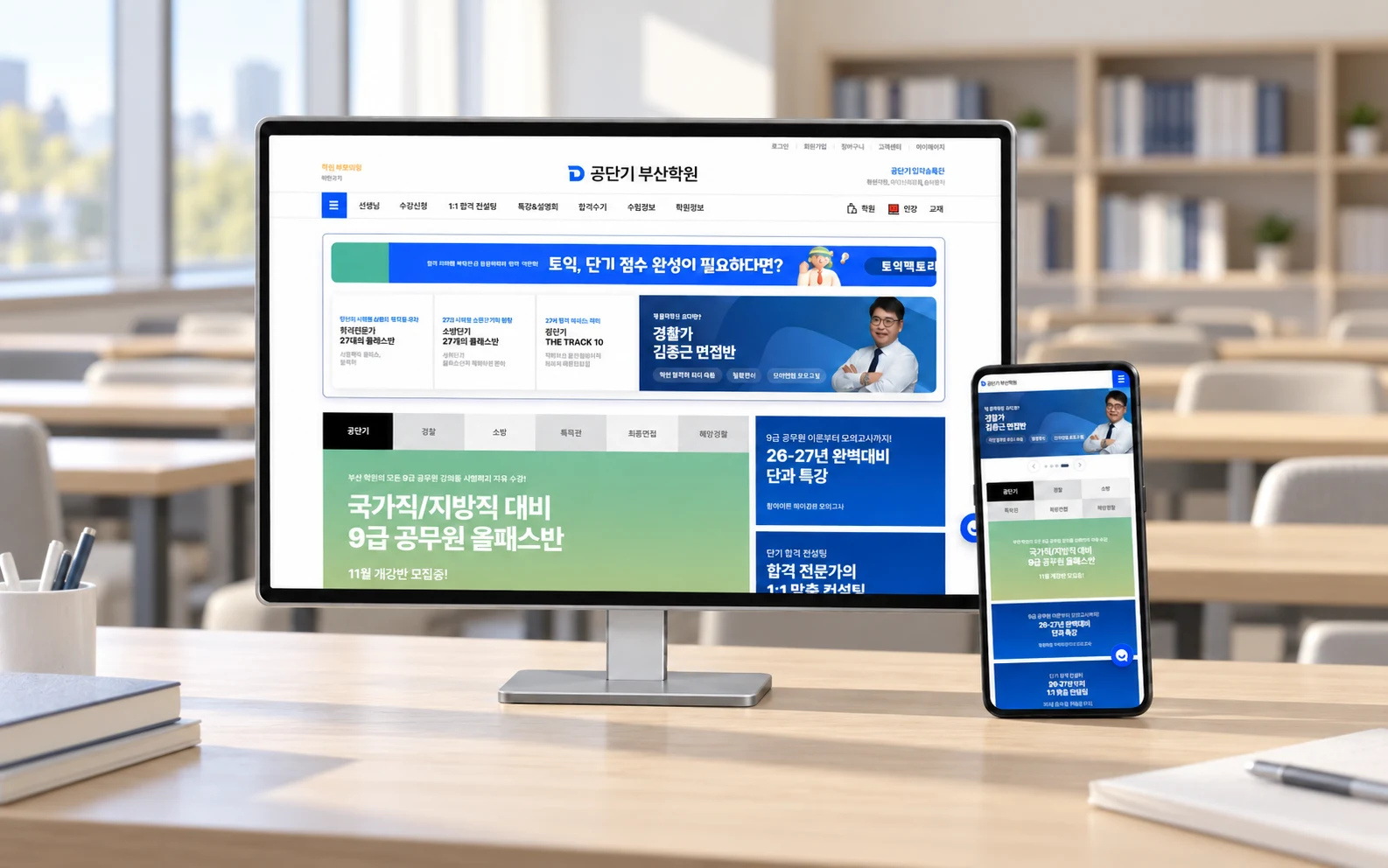공단기부산학원 공개 웹사이트 화면과 업종별 가상 배경을 AI로 연출한 데스크톱·모바일 목업