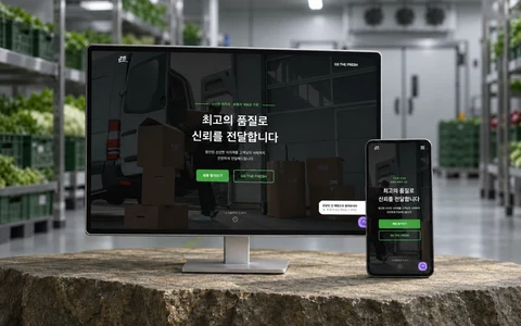 진향미 공개 웹사이트 화면과 업종별 가상 배경을 AI로 연출한 데스크톱·모바일 목업