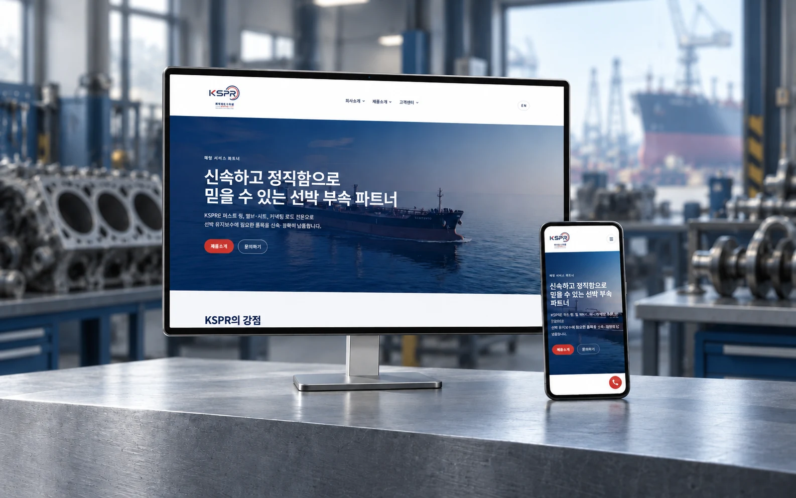 KSPR 공개 웹사이트 화면과 업종별 가상 배경을 AI로 연출한 데스크톱·모바일 목업