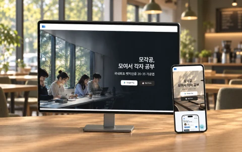 모각공 공개 웹사이트 화면과 업종별 가상 배경을 AI로 연출한 데스크톱·모바일 목업