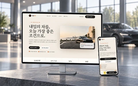 내일내차 공개 웹사이트 화면과 업종별 가상 배경을 AI로 연출한 데스크톱·모바일 목업