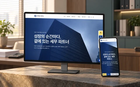 세무법인 가온택스 공개 웹사이트 화면과 업종별 가상 배경을 AI로 연출한 데스크톱·모바일 목업